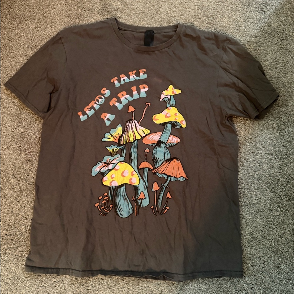 Brown Graphic T-Shirt with Colorful Mushroom Design